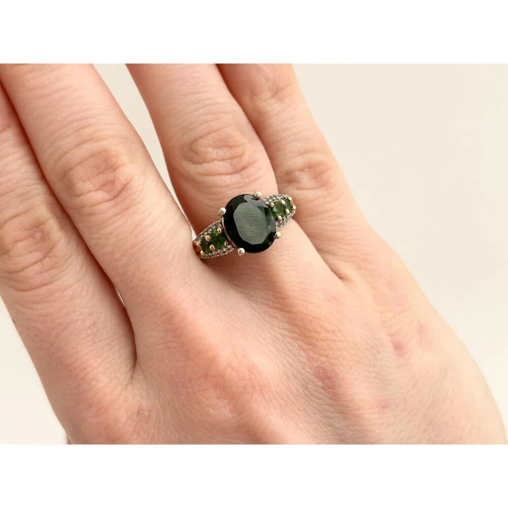 Chrome Diopside Sterling Silver Gilt (Vermeil) Gemstone Vintage Cocktail Ring 7 - Picture 9 of 10